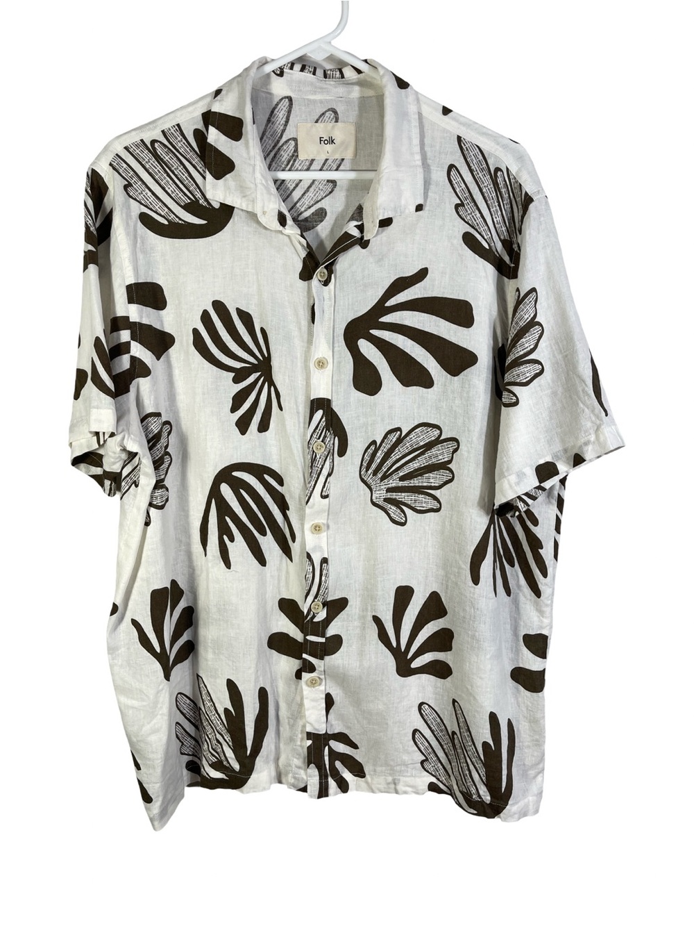 Folk Linen Blend Abstract Print Button Up Shirt
Large Resort Vacation